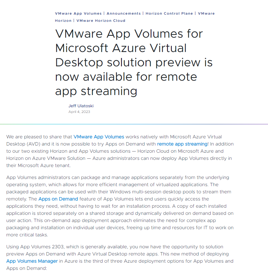 VMware App Volumes for Microsoft Azure Virtual Desktop solution preview is now available for remote app streaming