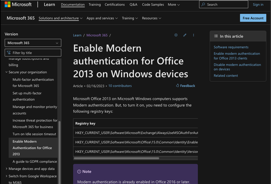 Enable Modern Authentication for Office 2013 on Windows Devices