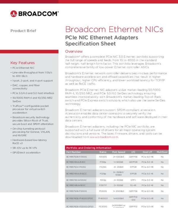 Broadcom PCIe NIC Ethernet Adapters Specification Sheet Product Brief